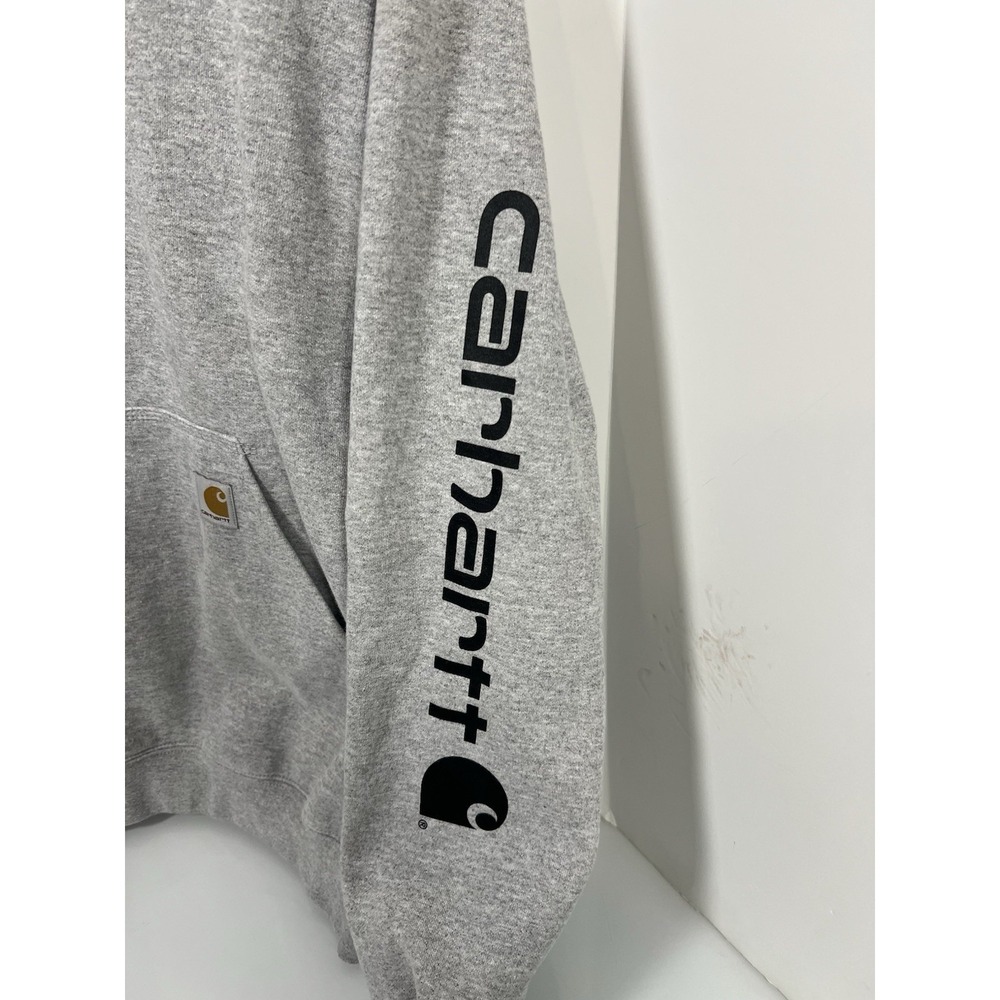 Carhartt Hoodie Mens Large Loose Fit Grey Pullover Logo Sleeve Sweatshirt TS028 - Picture 3 of 6